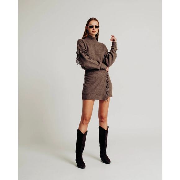 NWT Torn By Ronny Kobo Brown Joan Skirt Fringed Tassel Mini Casual Size M - Picture 6 of 9